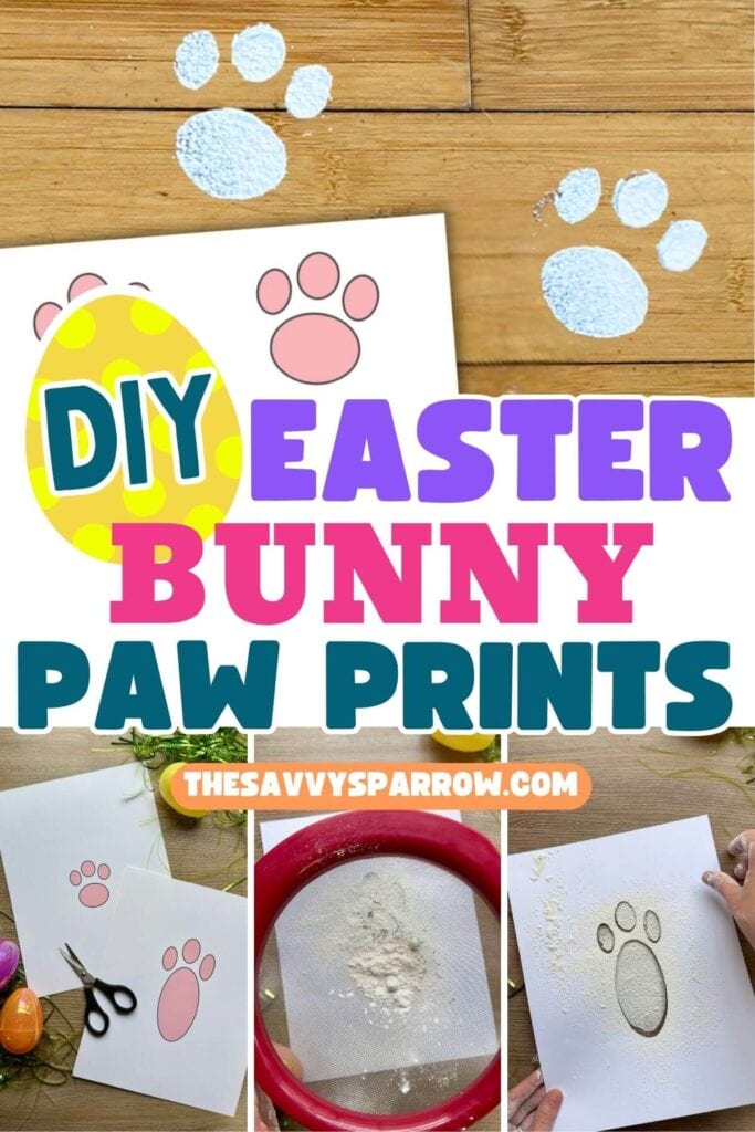 collage showing how to make Easter bunny footprints with a printable stencil
