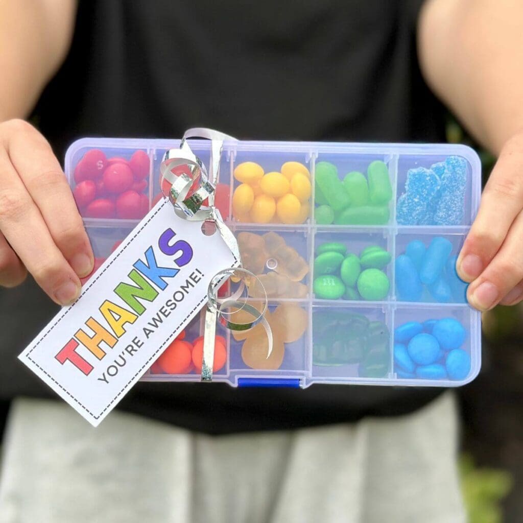 mini tackle box candy gift with gift tag that says thanks