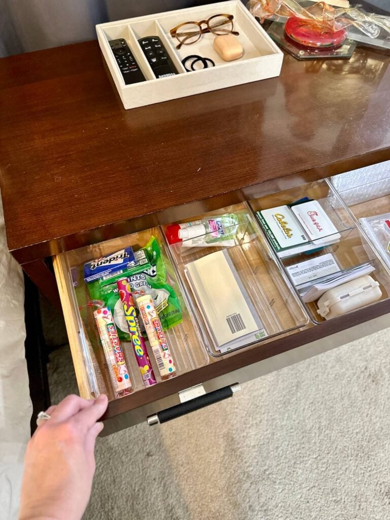 organized nightstand drawer with plastic dividers