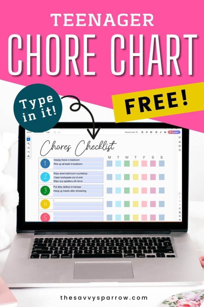 computer screen showing a free printable teenager chore chart that you can type in