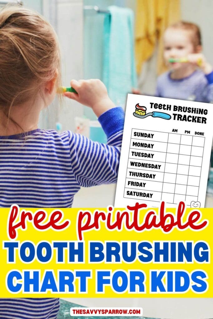 girl brushing her teeth and a tooth brushing chart