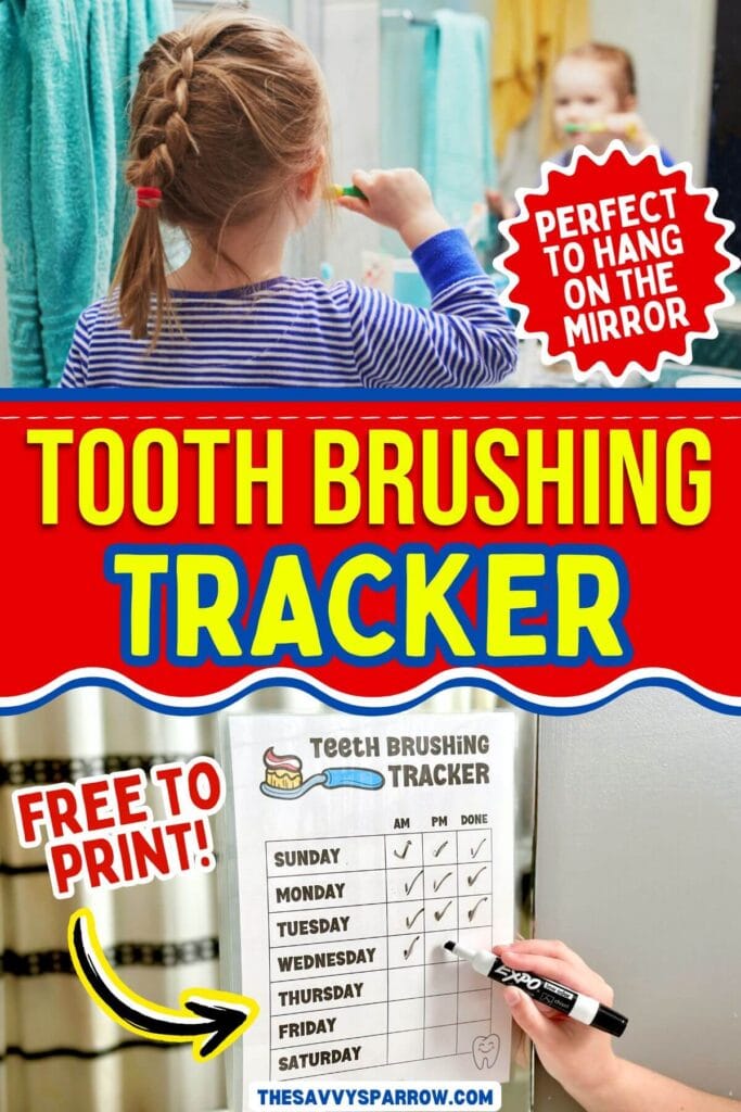 tooth brushing tracker printable hanging on a mirror and a girl brushing her teeth
