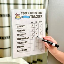 child marking off a day on a tooth brushing chart printable with a dry erase marker