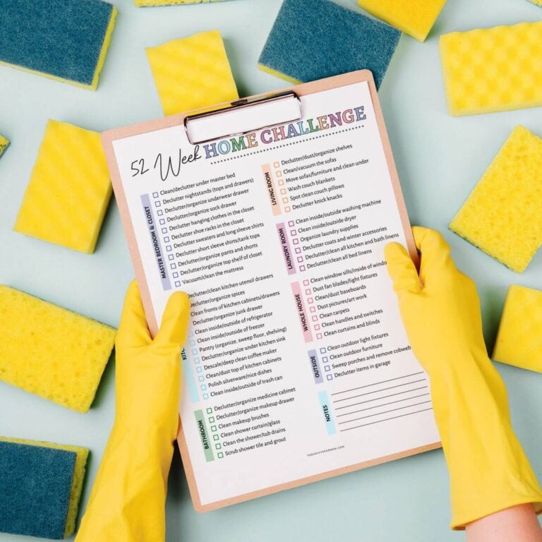52 week home challenge printable on a clipboard