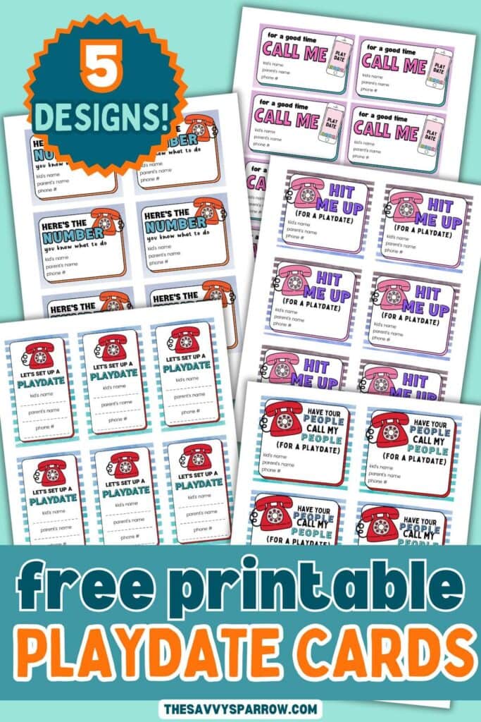 5 different designs of printable playdate business cards for kids