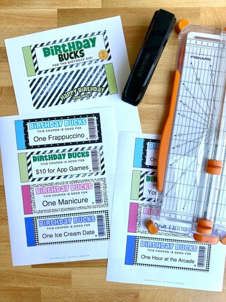 supplies to make a DIY birthday coupon book