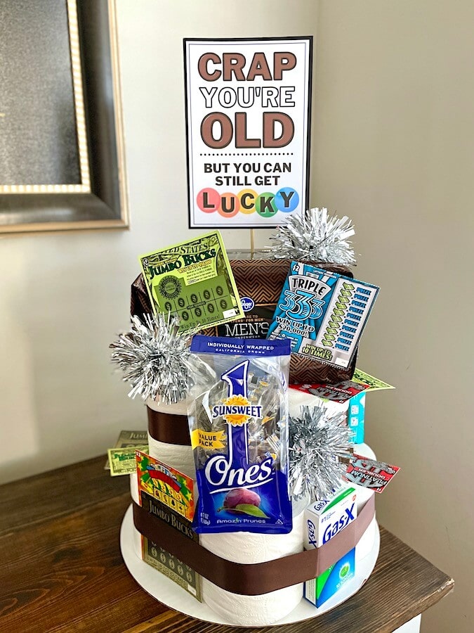 Over the Hill gag gift toilet paper cake with a printable gift tag