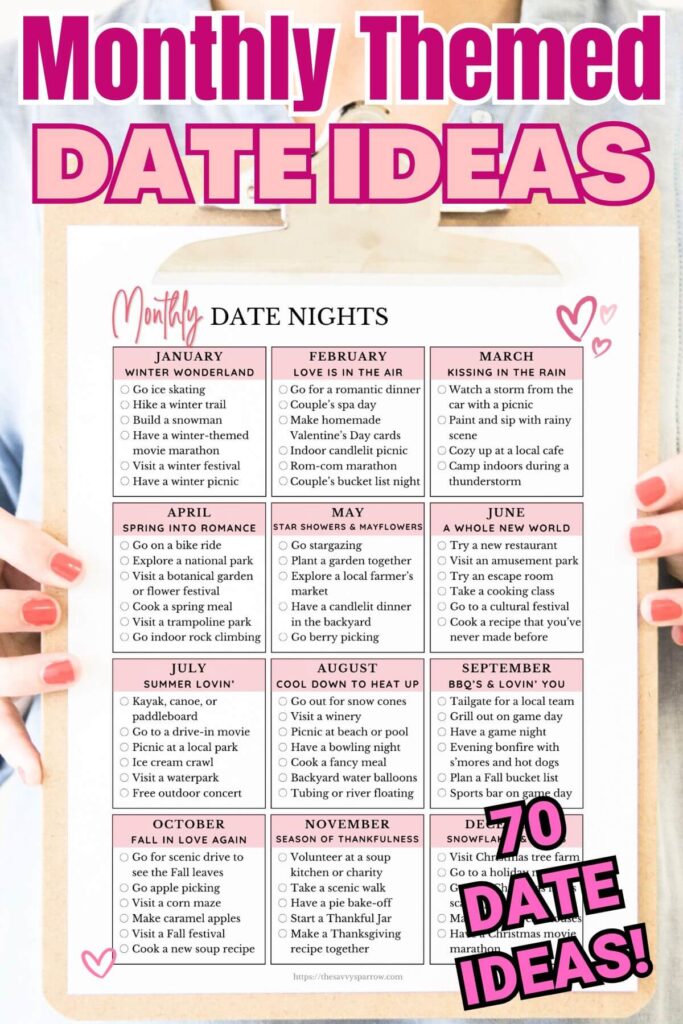 printable list of themed date ideas organized by month
