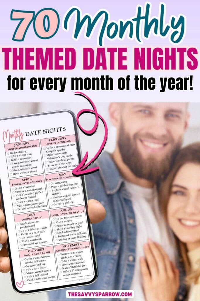 couple with a list of monthly themed date nights