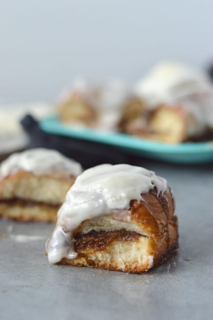 cinnamon rolls made with King's Hawaiian rolls and cream cheese icing