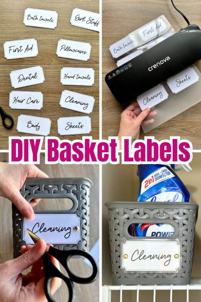 collage showing how to make basket labels for storage baskets