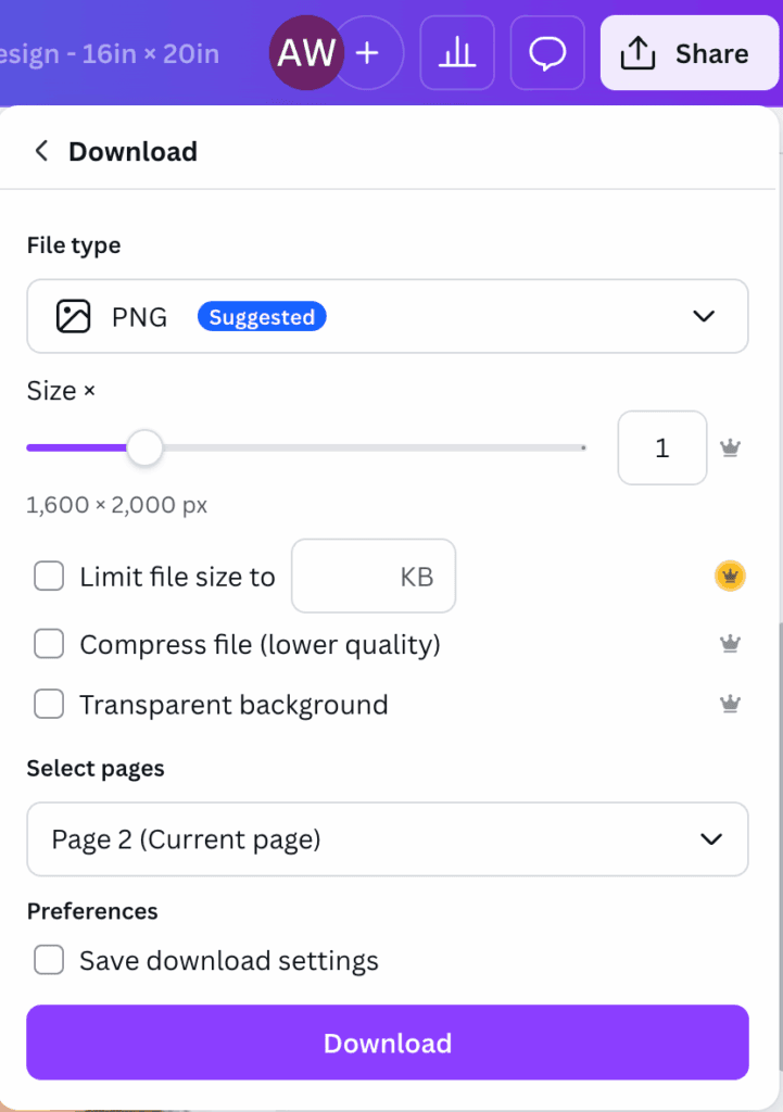 screenshot of Canva showing how to download a photo