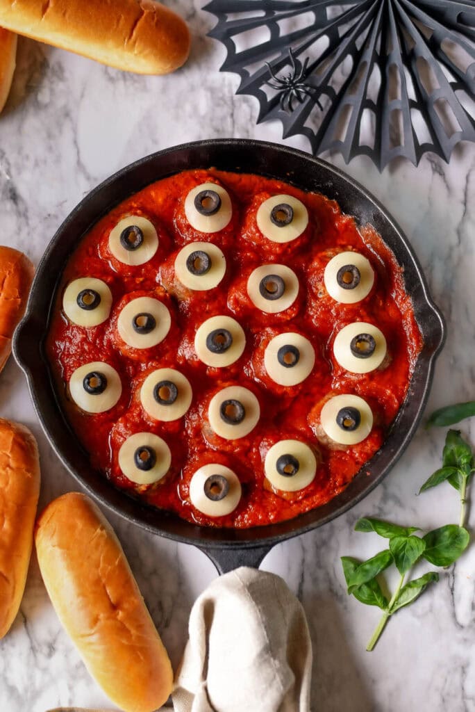 eyeball meatballs in a skillet