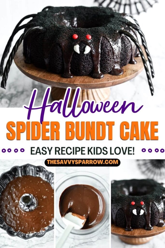 collage showing how to make a halloween spider bundt cake