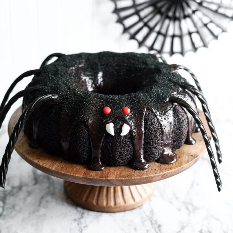 dark chocolate spider bundt cake for Halloween