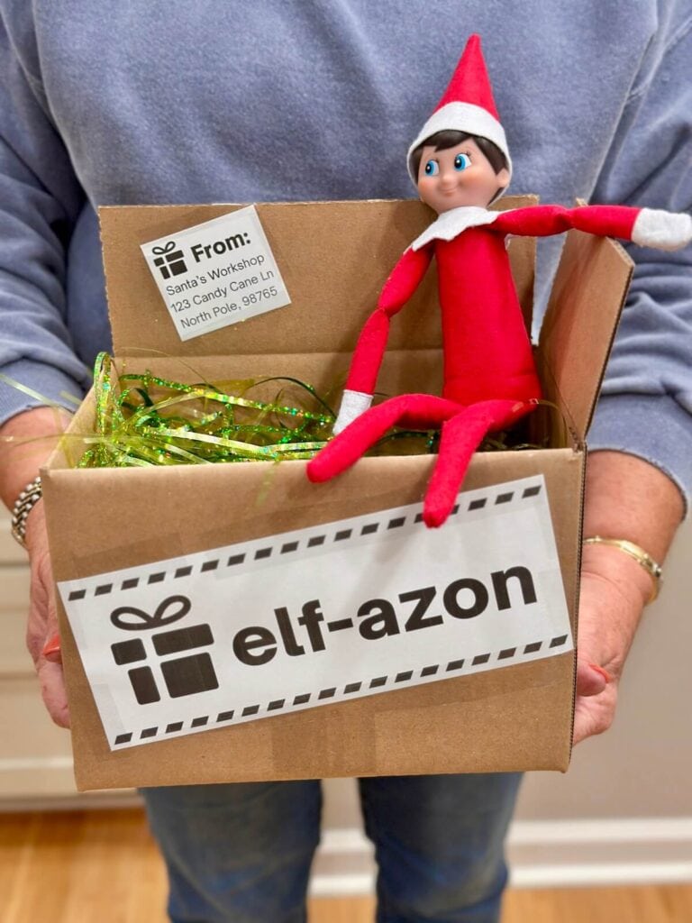 elf on the shelf in a shipping box that says elf-azon