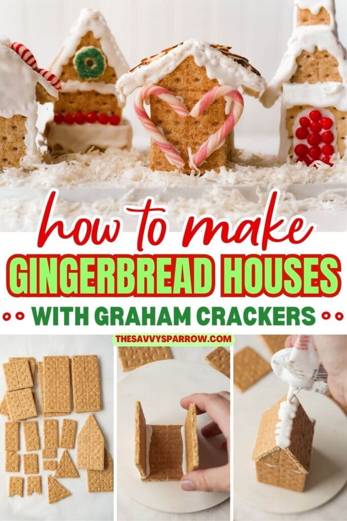 collage showing how to make gingerbread houses with graham crackers