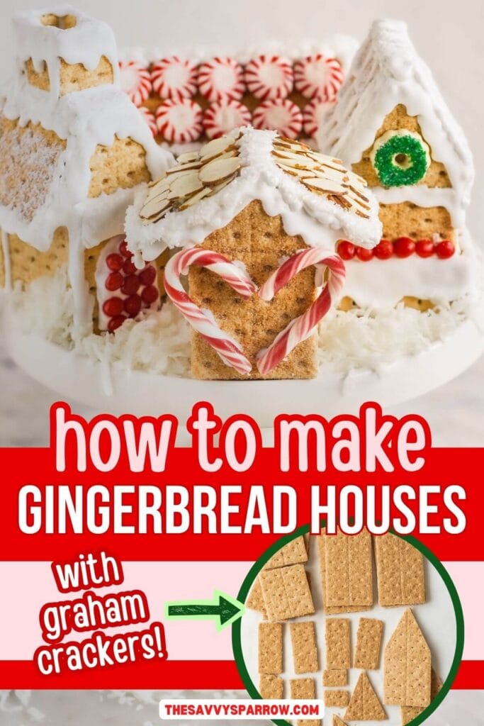 collage showing how to make gingerbread houses with graham crackers