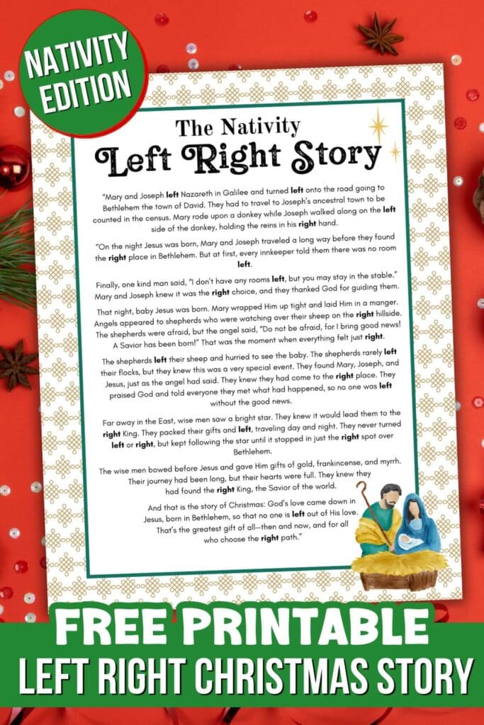 left right Christmas story printable about the nativity