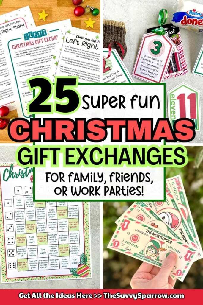collage of fun Christmas gift exchange ideas