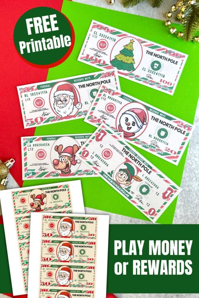 free printable Christmas dollars for pretend play or rewards