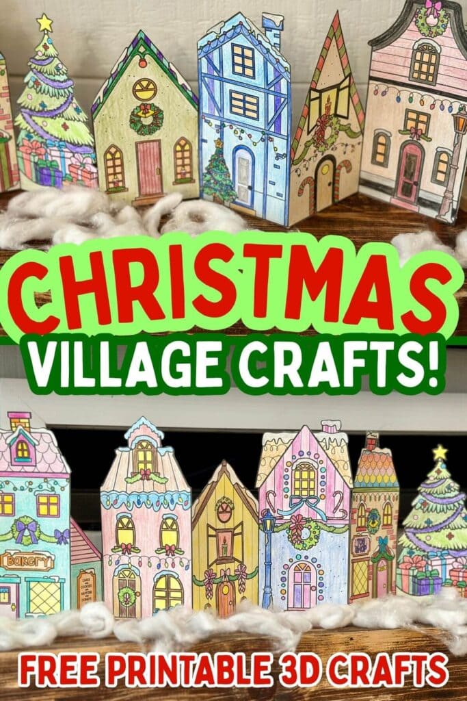 free printable Christmas coloring crafts to make a 3D Christmas village