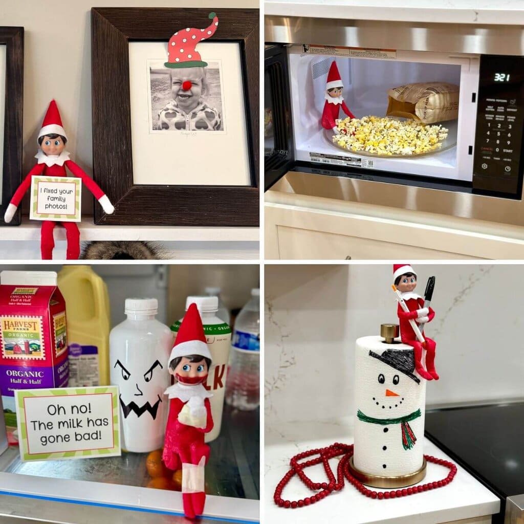 collage of easy Elf on the Shelf ideas with free printable notes and props