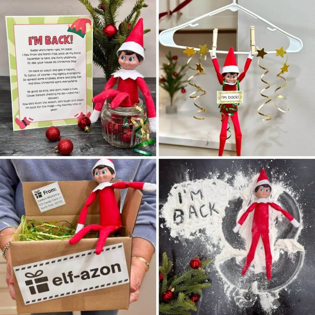 collage of elf arrival ideas for Elf on the Shelf