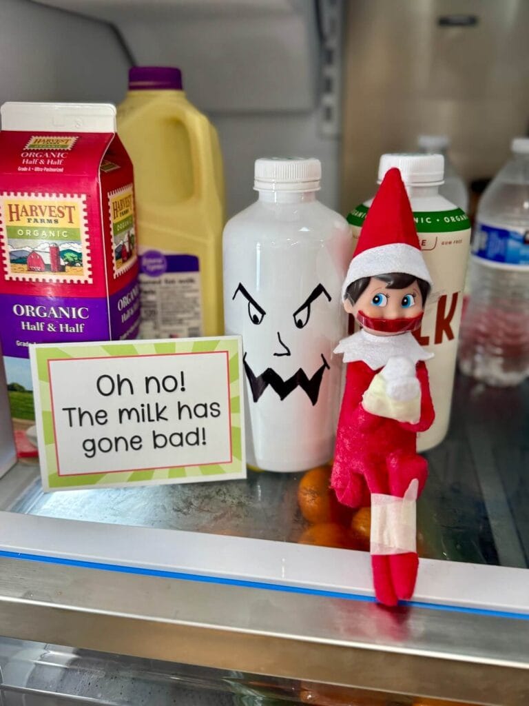 Elf on the Shelf tied up in the refrigerator with a gallon of milk with a mean face