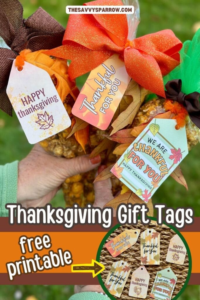 free printable Thanksgiving gift tags tied onto caramel corn gifts