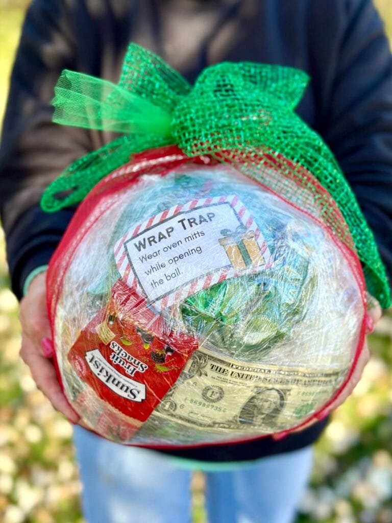 Saran wrap ball filled with prizes