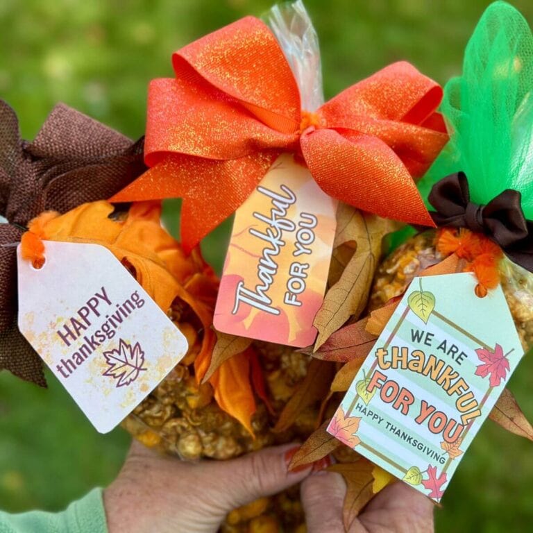 Thanksgiving gift tags tied on popcorn gifts