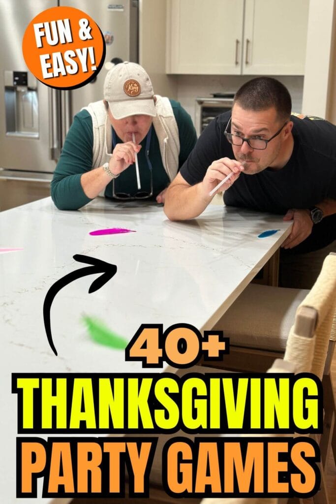 party game with 2 players blowing feathers across a kitchen counter with a straw