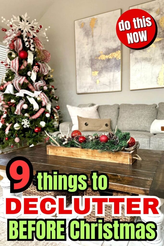 a decluttered living room decorated for Christmas