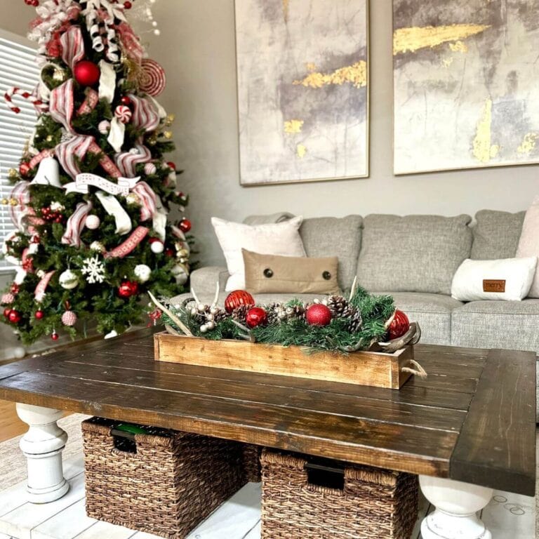 clean and clutter free living room decorated for Christmas