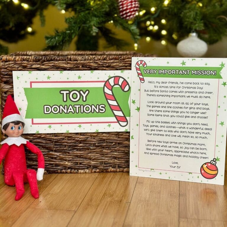Elf on the Shelf toy donation letter and toy basket sign