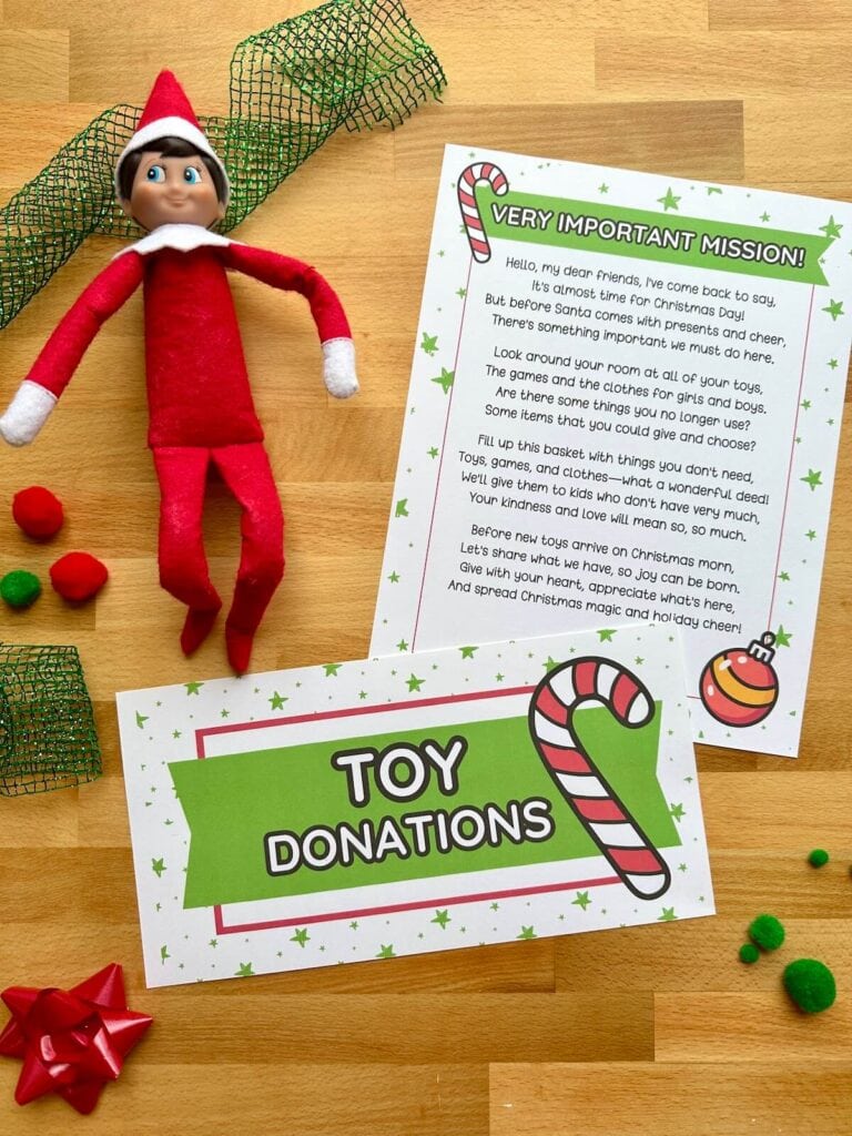 Elf on the Shelf with a free printable toy donation letter and a sign that says toy donations