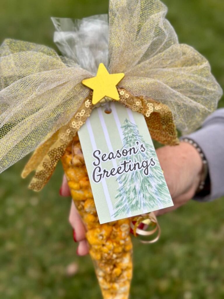 Season's Greetings gift tag tied on a bag of popcorn