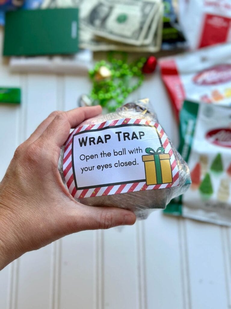 challenge card wrapped up in plastic wrap for a Saran wrap ball game