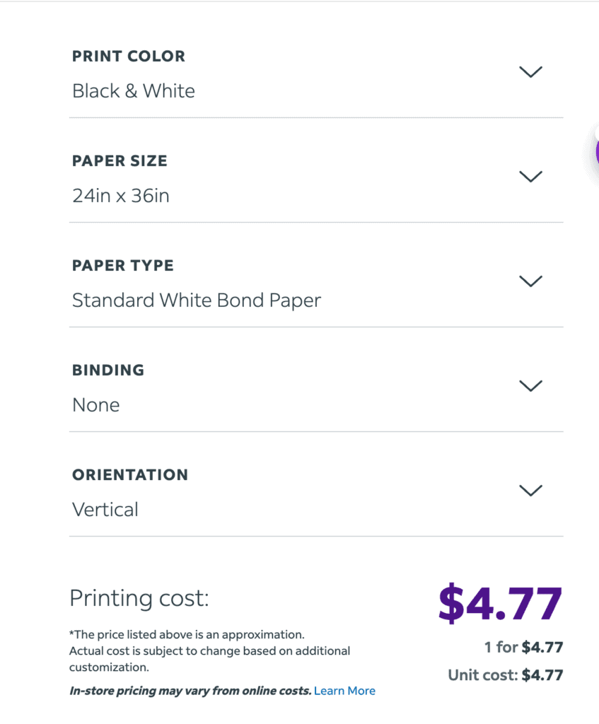 screenshot showing Fedex Office print settings for a candy gram poster