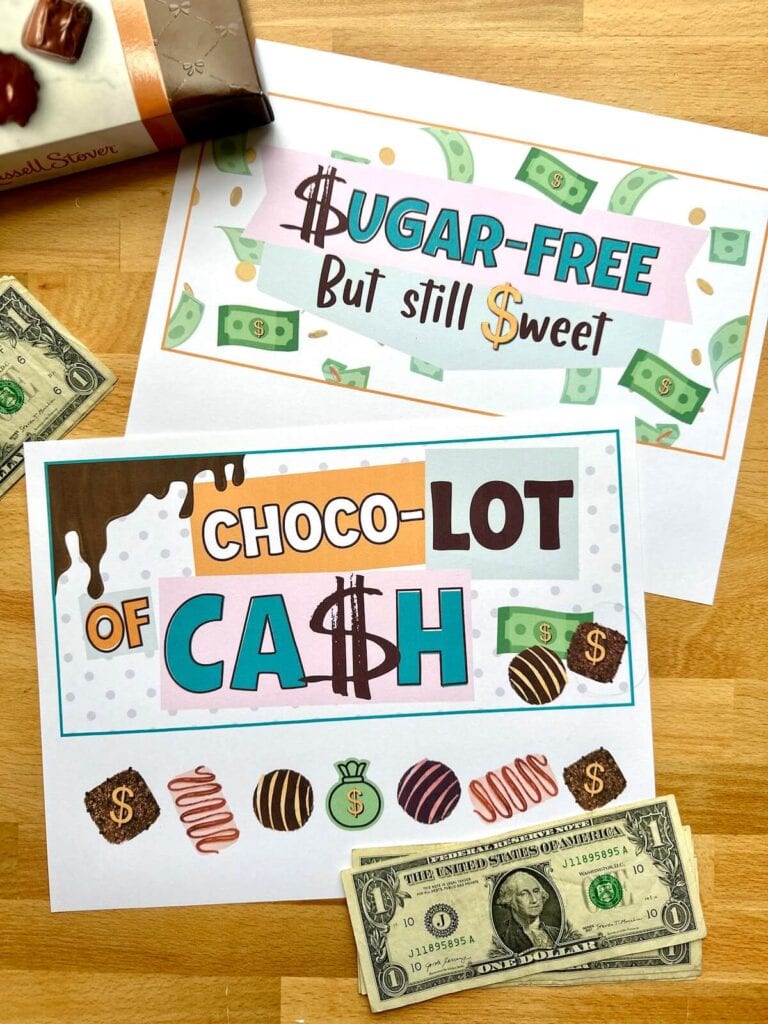 printable signs for a chocolate box money gift that say "choco-lot of cash"