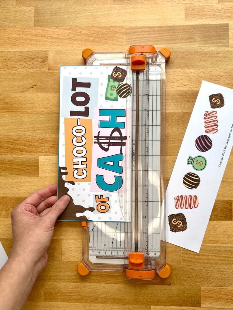 cutting out printables for a money chocolate box gift