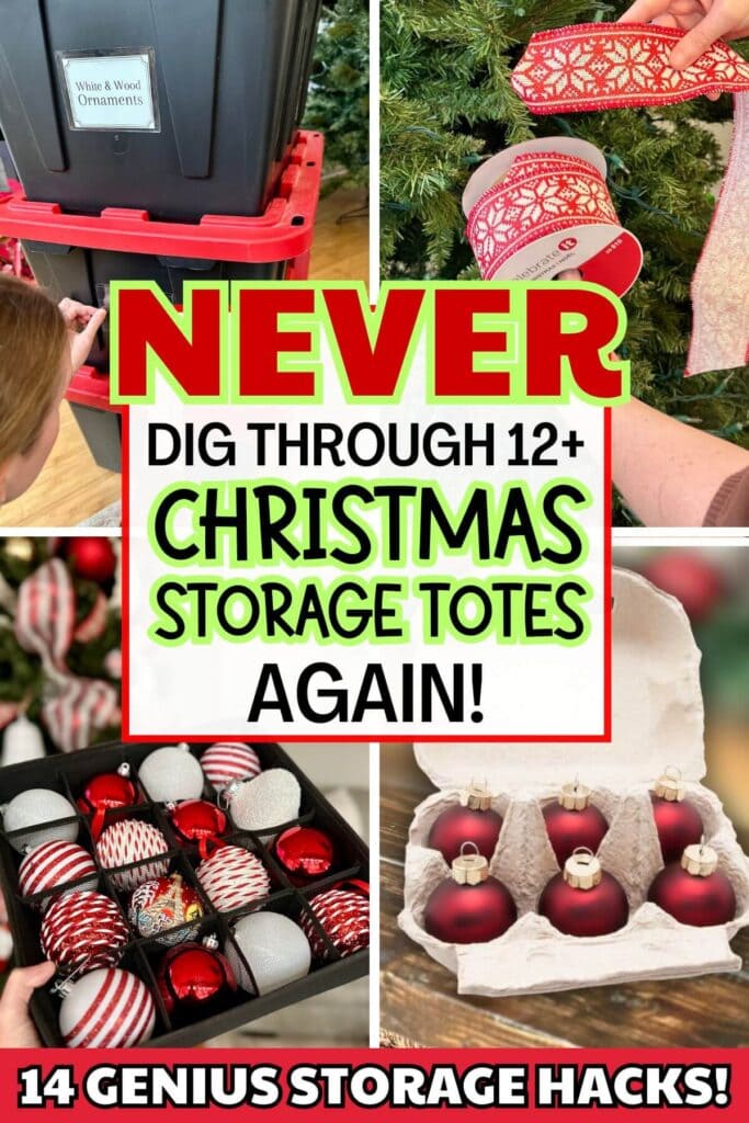 collage of Christmas decorations storage ideas