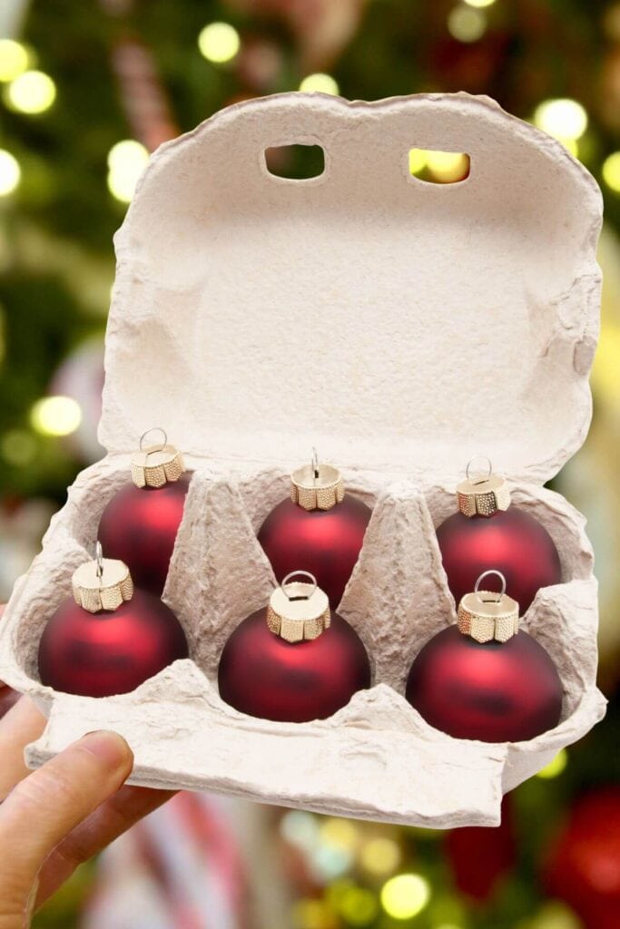 storing Christmas ornaments in an egg carton