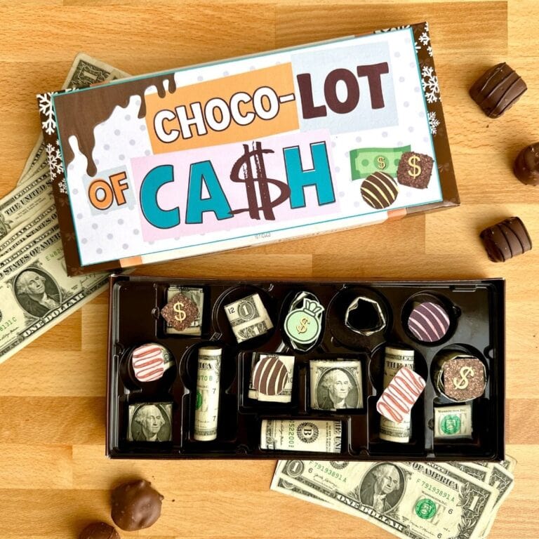 chocolate box money gift with dollar bills folded up inside a box of chocolates