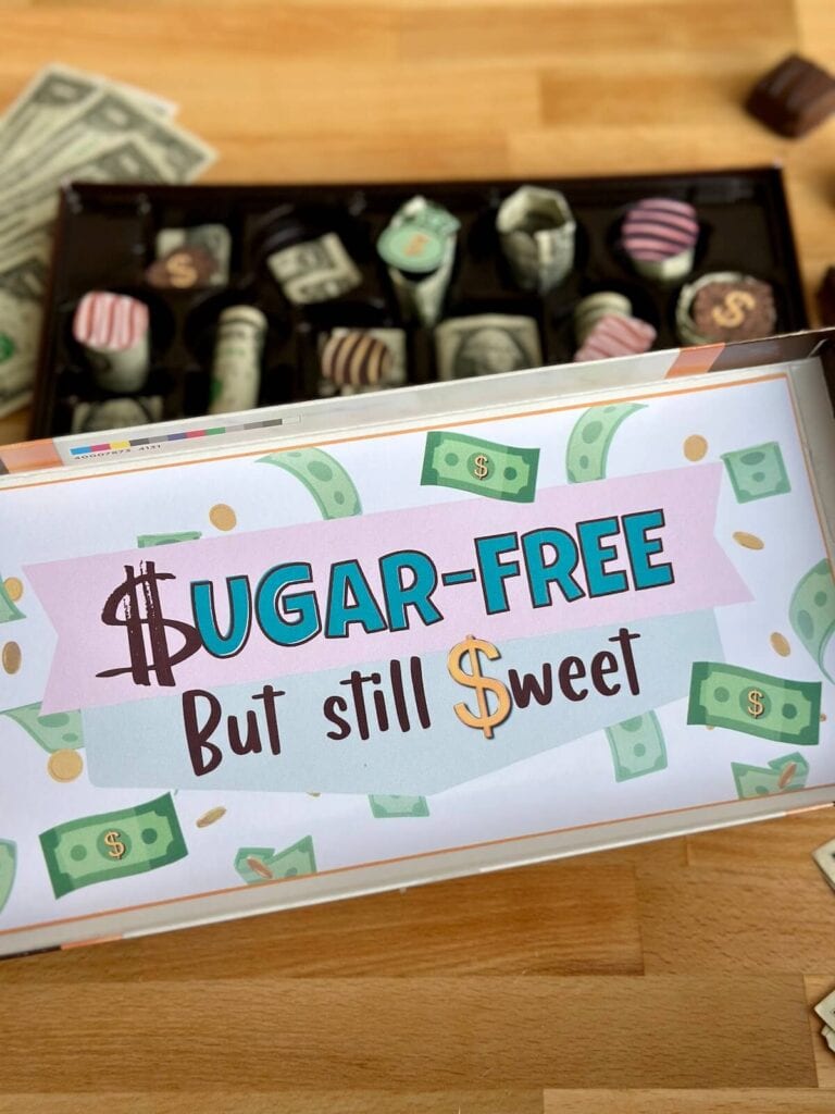 sign on the inside of a chocolate box money gift