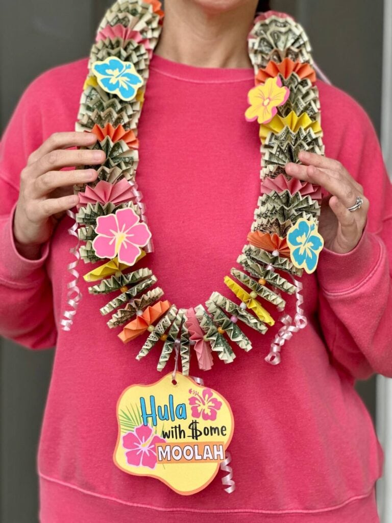 money lei with cut out flowers attached