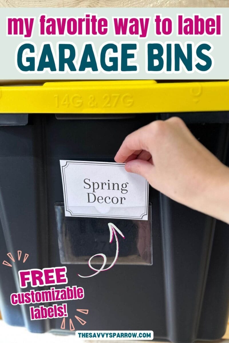 putting a storage bin label into a plastic adhesive sleeve on a storage tote