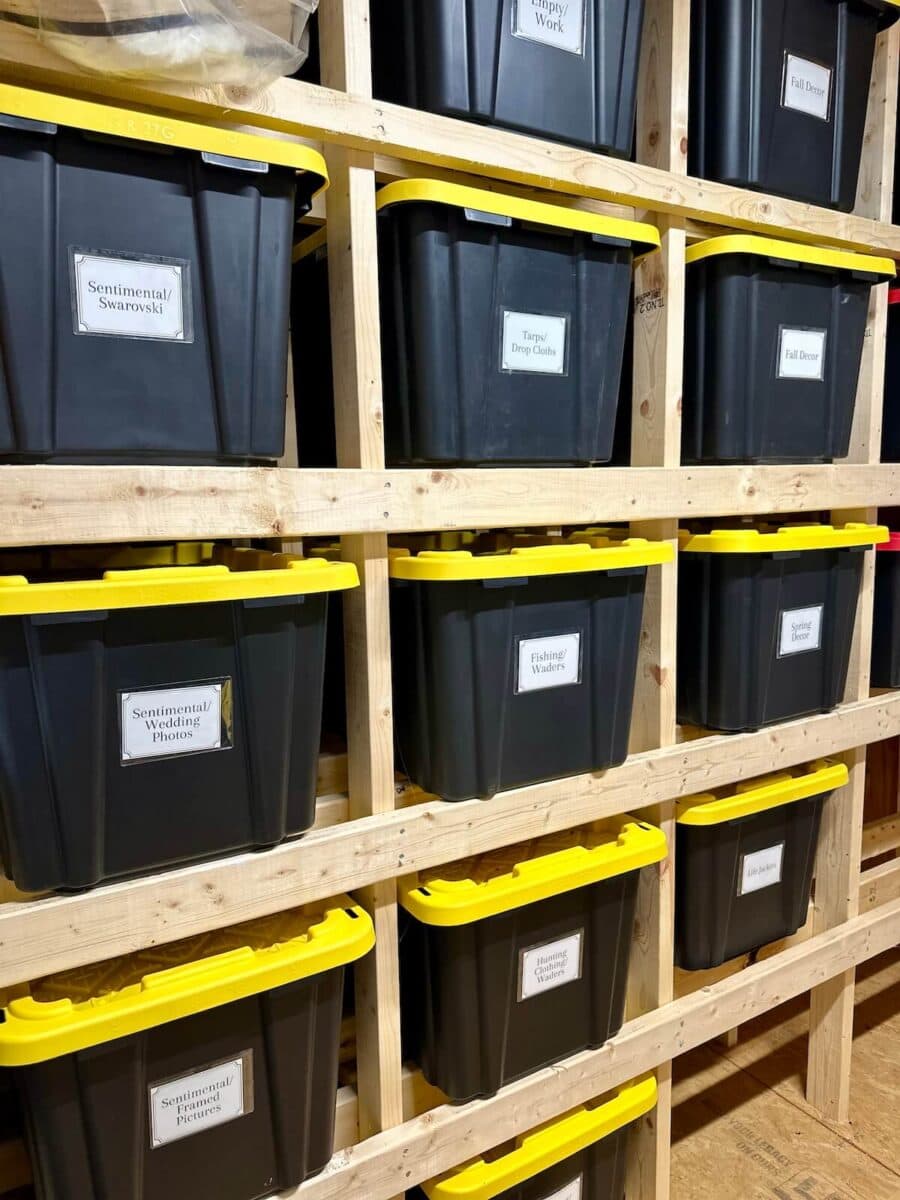 neatly organized garage storage bins with labels