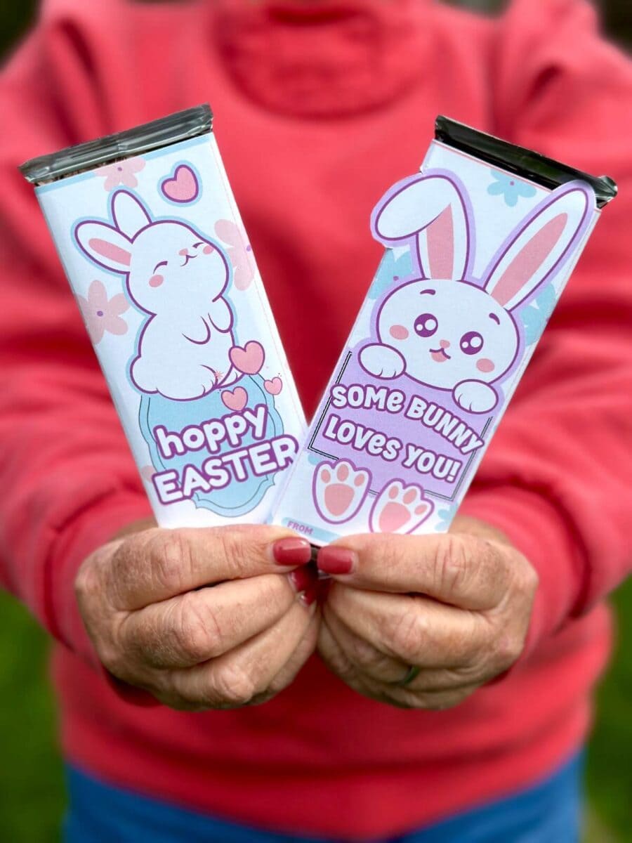 two Easter candy bar wrappers wrapped around Hershey's chocolate bars